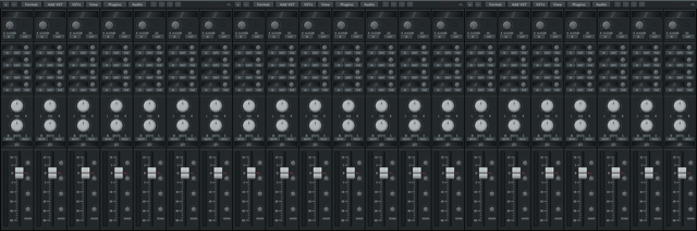 A mixing console: eleven identical channel strips, each with a trim
                    knob, four routing rows, pan and width controls, mute and solo, and
                    a fader with send knobs.