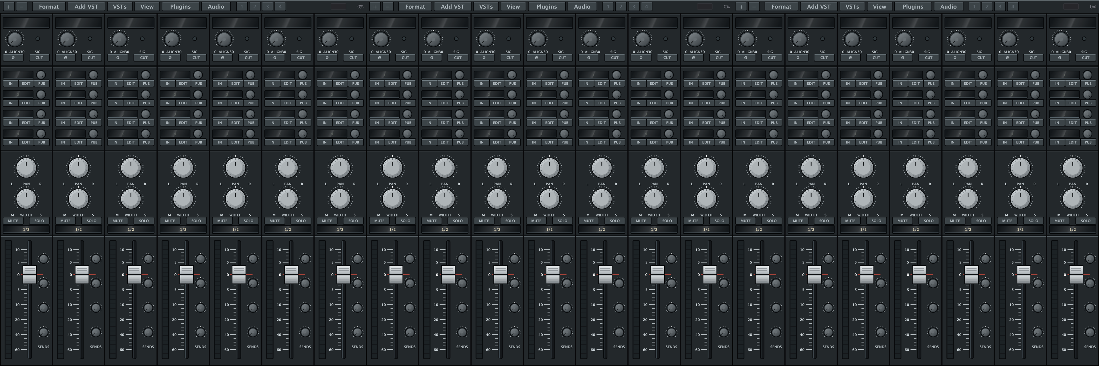 A narrow horizontal band of the same console, cropped from the full-width
                  capture: a run of channel strips reduced to a texture of knobs, buttons
                  and faders.