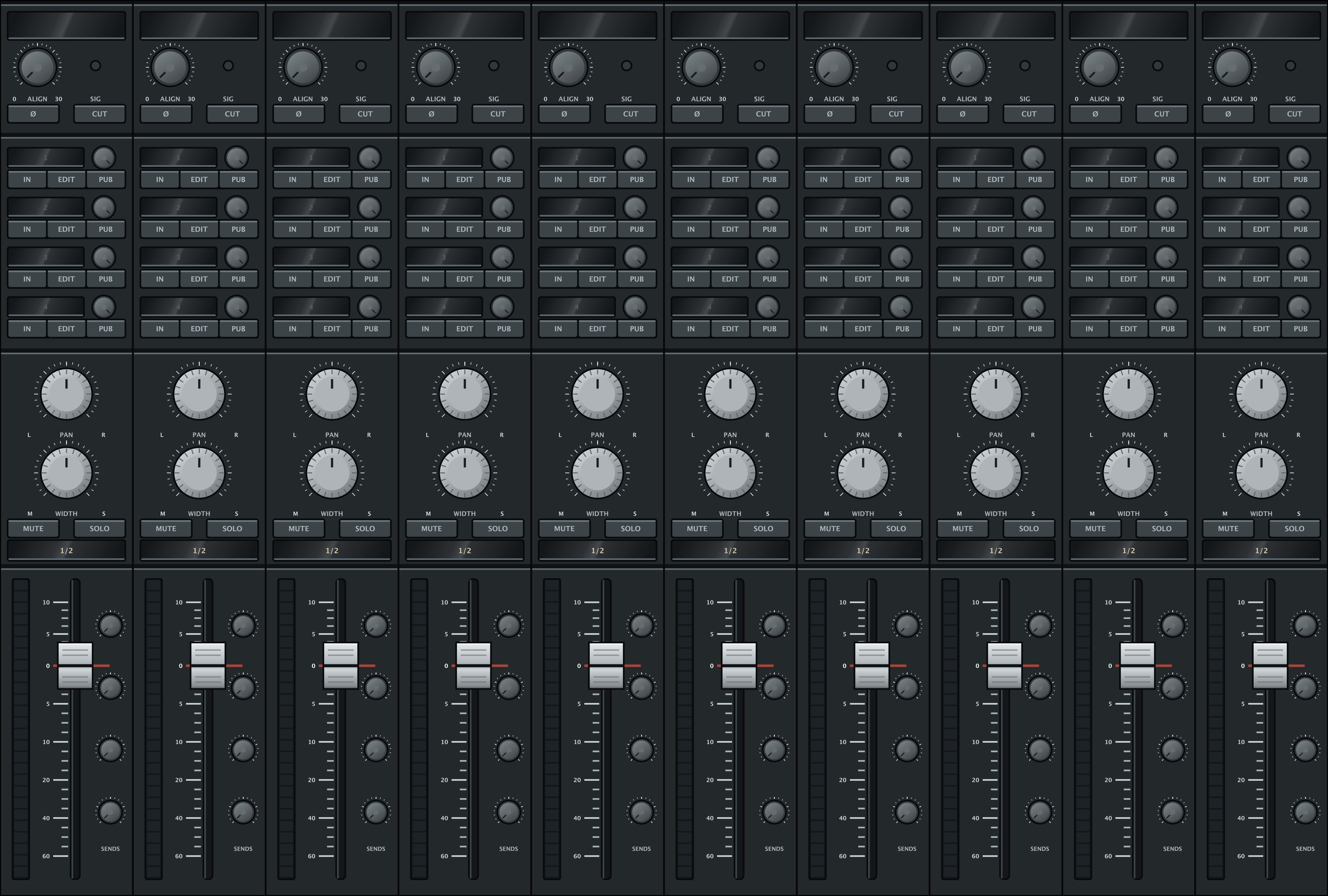 A mixing console: eleven identical channel strips side by side. Each carries a
              trim knob with an ALIGN scale, phase and CUT buttons, four routing rows
              labelled IN, EDIT and PUB, a pan knob and a width knob running M to S,
              MUTE and SOLO buttons over a 1/2 bus readout, and a fader with send
              knobs beside it.