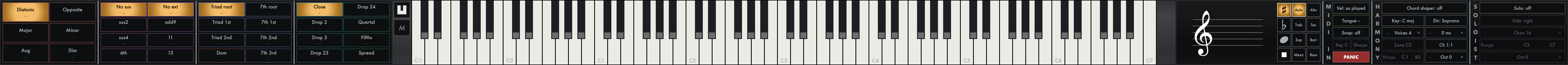 The same plugin in its split layout, drawn as one long strip: the four
                  chord-control banks at the left, the full C-1 to C7 keyboard across the
                  middle, then the treble staff and the MIDI in, Harmony and Soloist
                  columns at the right.