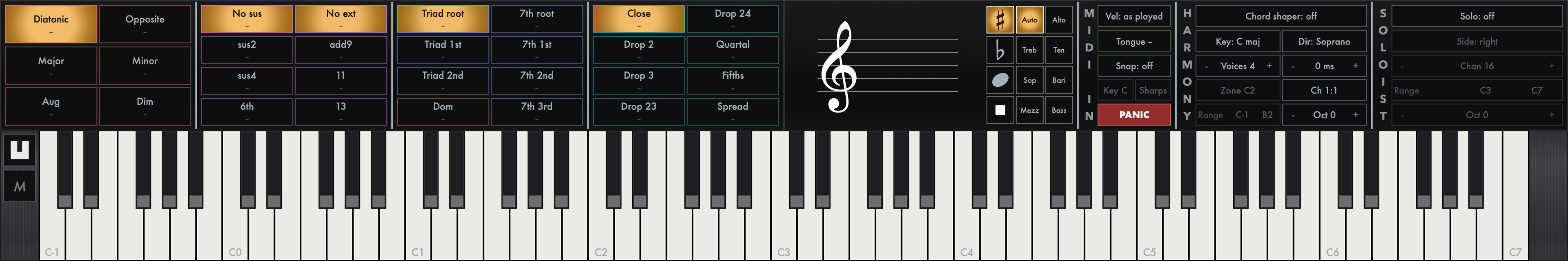 The Monolithic Harmonizer plugin window. Along the top, four banks of
              chord controls: quality (Diatonic, Opposite, Major, Minor, Aug, Dim),
              suspensions and extensions (No sus, No ext, sus2, add9, sus4, 11, 6th, 13),
              inversion (Triad root, 7th root, Triad 1st, 7th 1st, Triad 2nd, 7th 2nd,
              Dom, 7th 3rd) and voicing (Close, Drop 24, Drop 2, Quartal, Drop 3, Fifths,
              Drop 23, Spread). To their right, an empty treble staff, a column of
              accidental and voice-range buttons, and three labelled columns — MIDI in,
              with a red PANIC button; Harmony, showing Key C maj and Voices 4; and
              Soloist, showing Solo off. A keyboard runs the full width along the bottom,
              C-1 to C7, with grey markers on scattered keys.